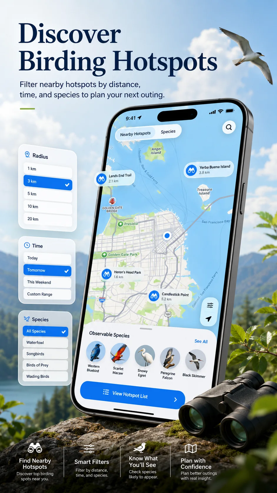 Bird Tracker 附近观鸟点与地图筛选宣传图